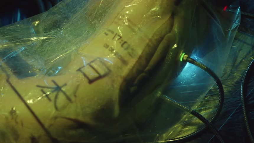 Human arm wrapped in plastic and connected with cables under strobing lights