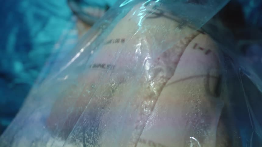 A plastic bag wraps the body of a white person