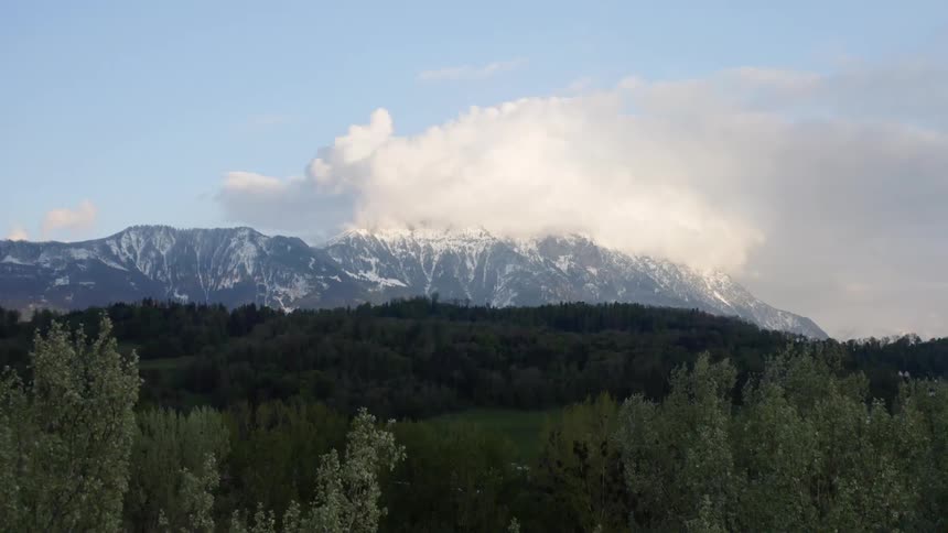 A forest with a small town with the mountains and the sky in the background