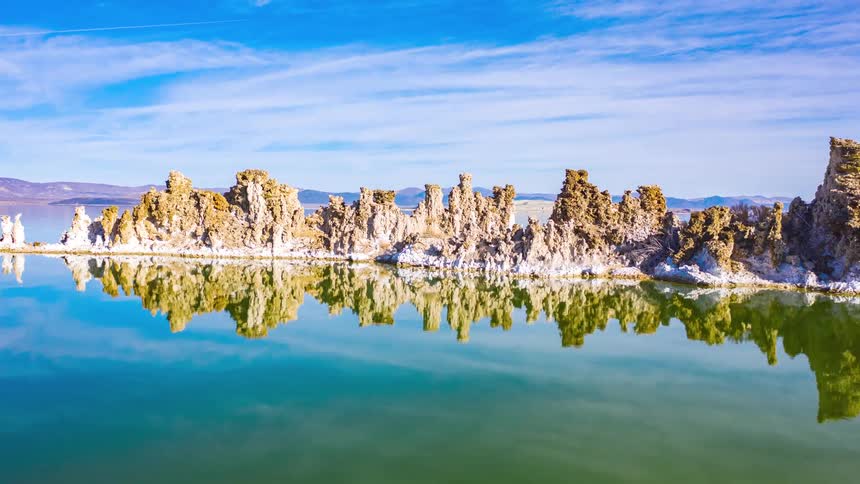 Rock or coral formations off the coast of a landmass on a sunny day