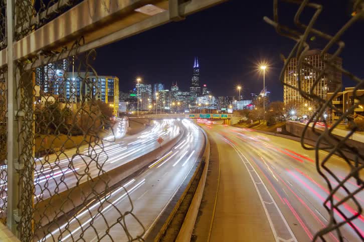 Traffic flows into and out of a large downtown area