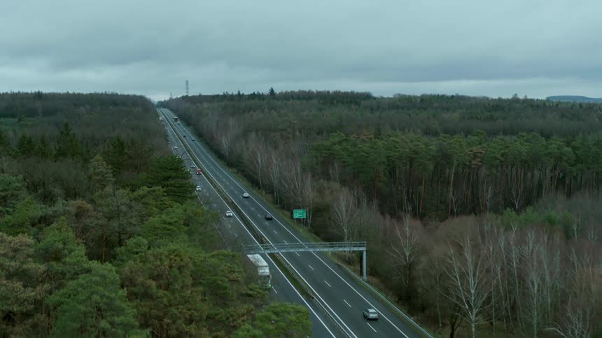 Overcast sky hovers over forest cut through by highway
