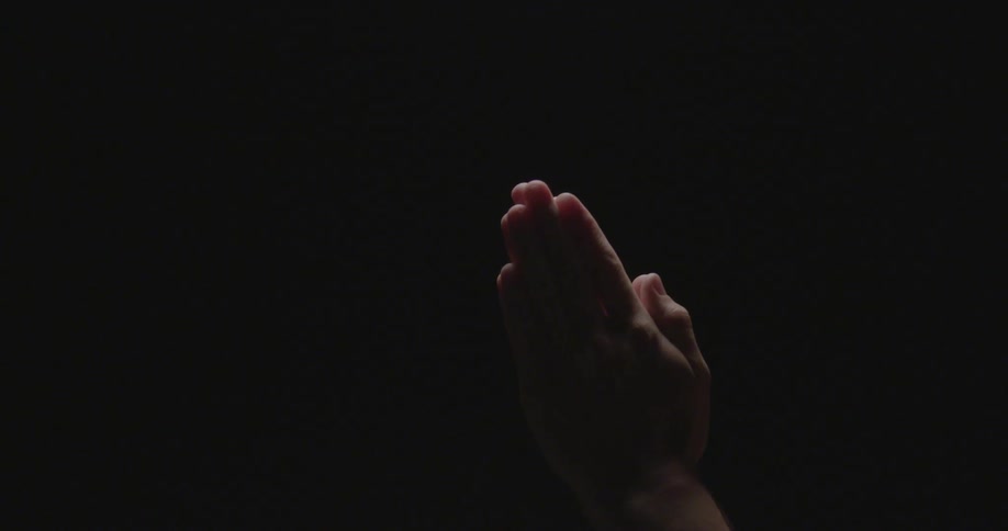Two 'praying' hands rising up against a black background