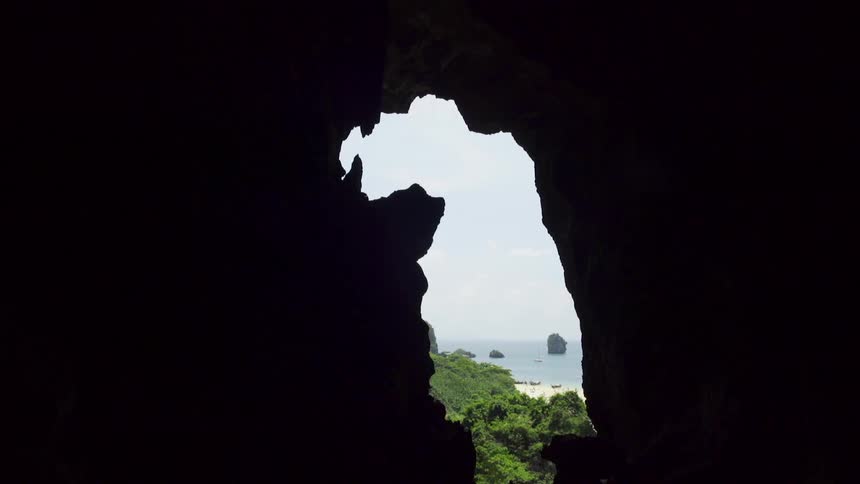 A cave opening with trees and the beach in the background