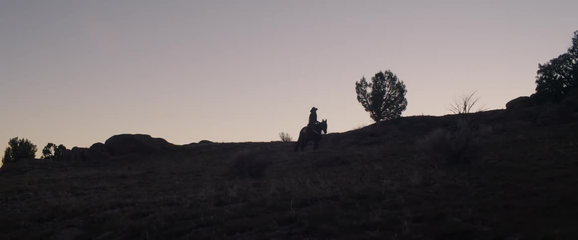 A woman is riding a horse in the horizon
