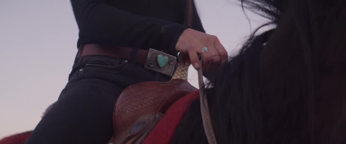 A cowgirl holds the reins while sitting on a saddled horse