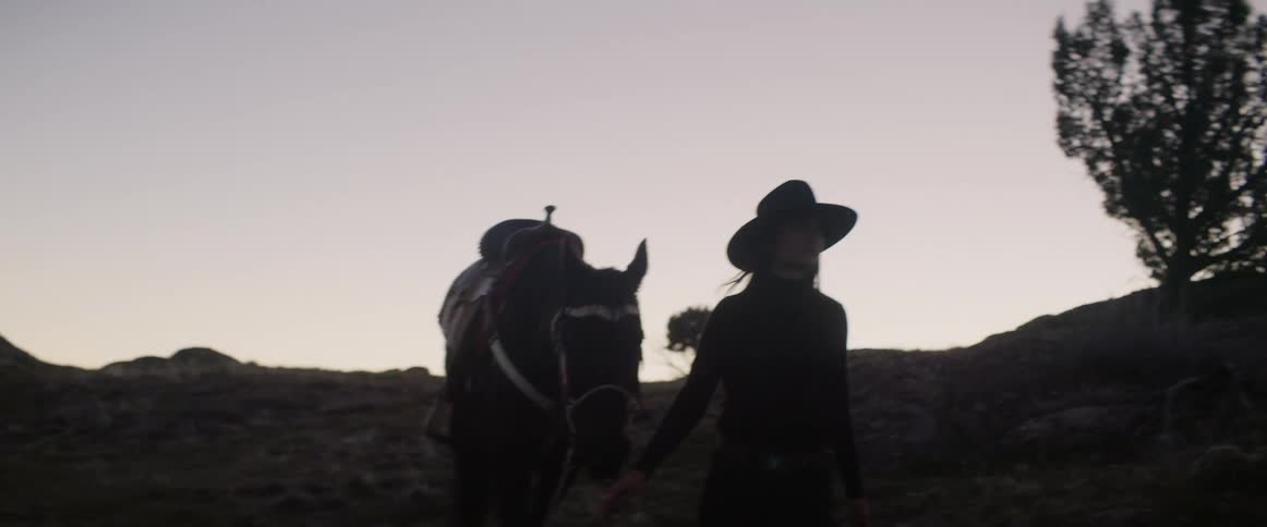 Woman wearing cowboy hat walks with a horse on the hills at sunset