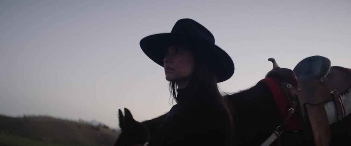 A white woman leads a horse across a grassy plain