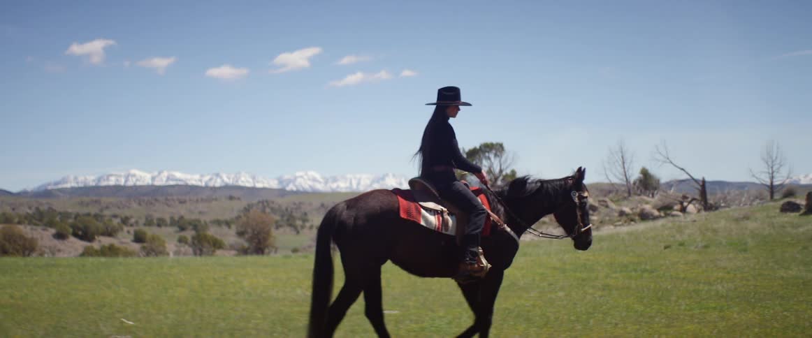 Woman wearing a wide hat rides a dark horse in the field