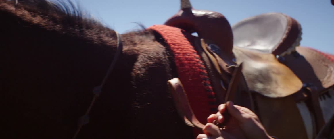 A white woman adjusts a bridle for her horse