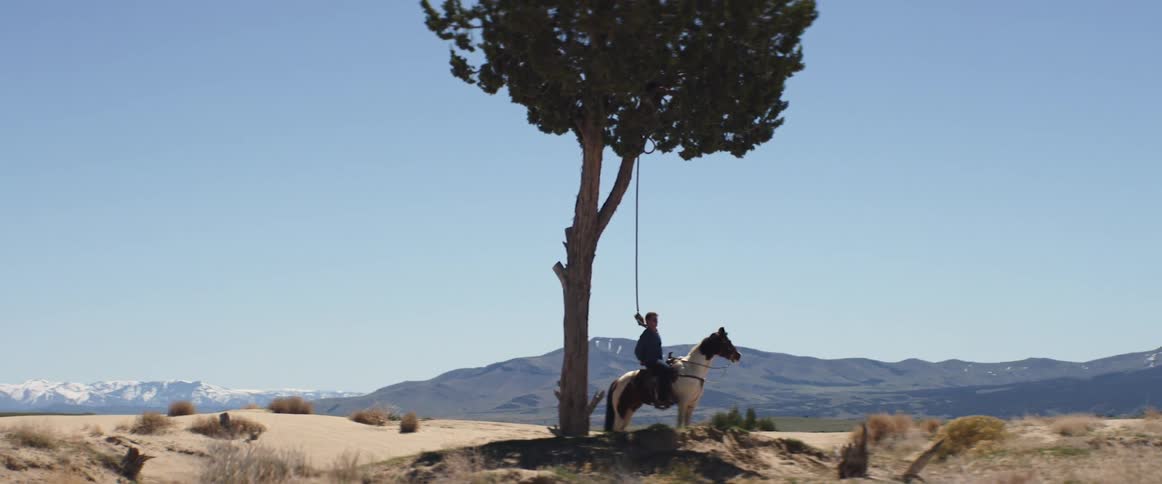 A man on a horse has a noose around his neck tied to a tree in the desert