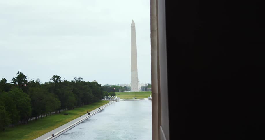 The washington monument sits near water