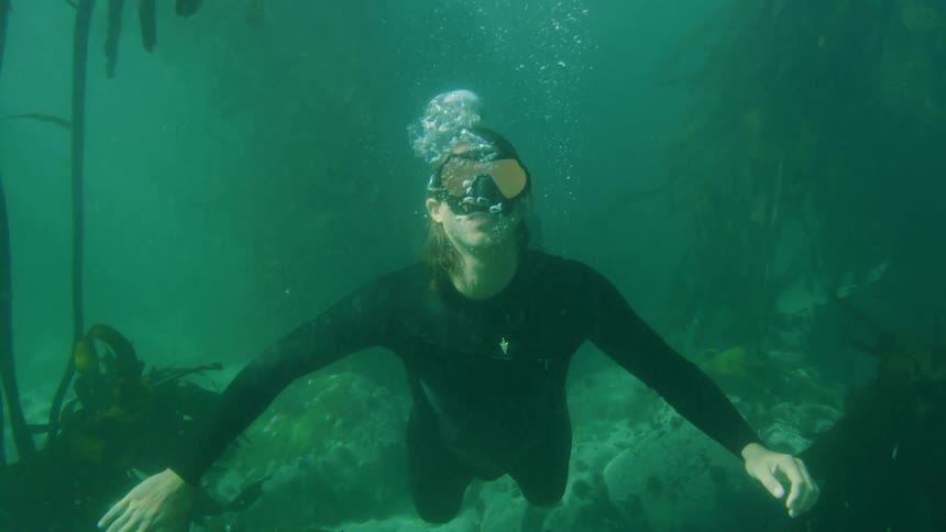 A diver floats over the bottom of a body of water