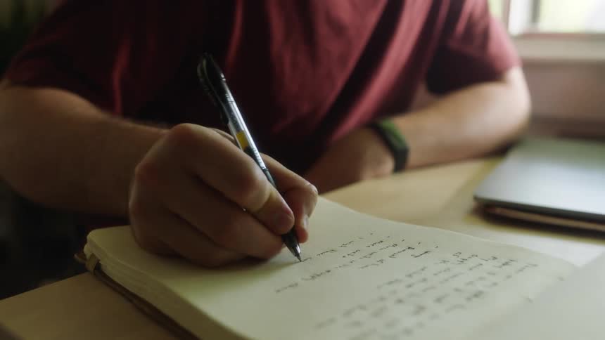 A man sits with his laptop open and writes in a notebook