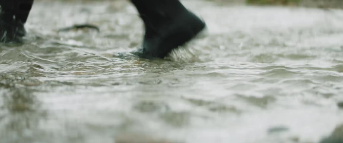 Person wearing rubber boots walk over a shallow stream of water
