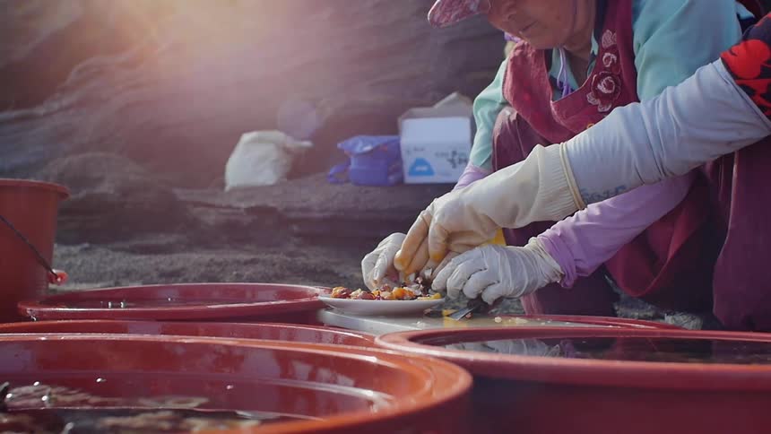 A woman in a blue shirt arranges food on a place