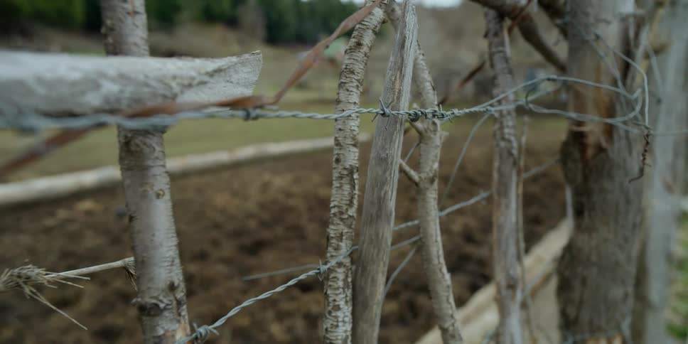 A rustic fence made out of sticks and barbed wire near a patch of turned over soil