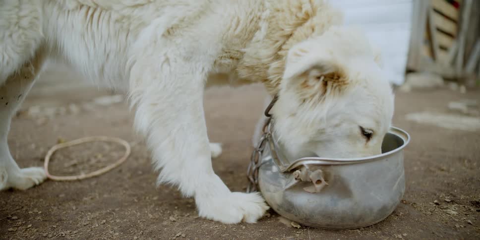 A chained dog eats out of a bowl