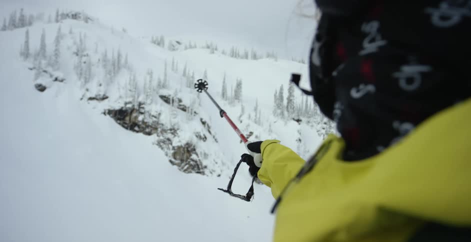 A skier points his pole at a snow covered mountain slope
