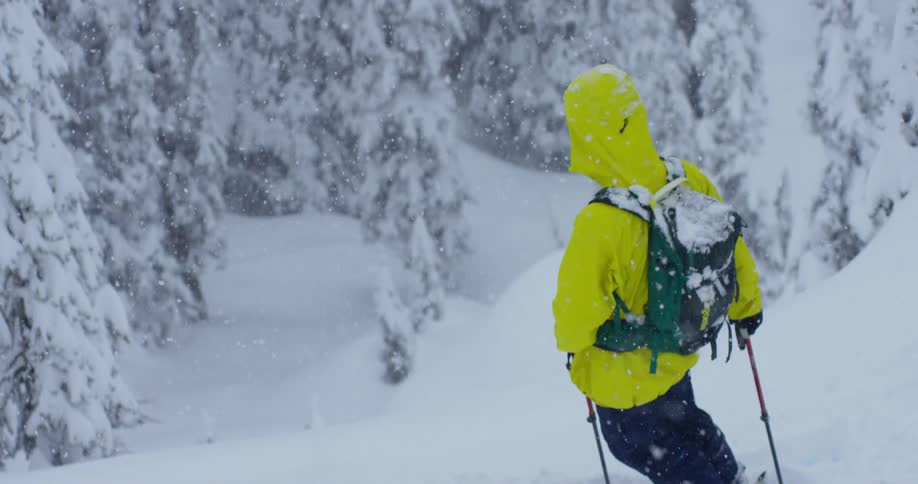 A skier stands on a slope as snow falls