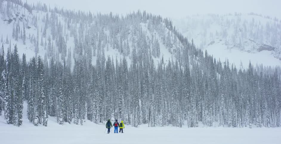 Three people move across a snowy plain near forest with mountains in background