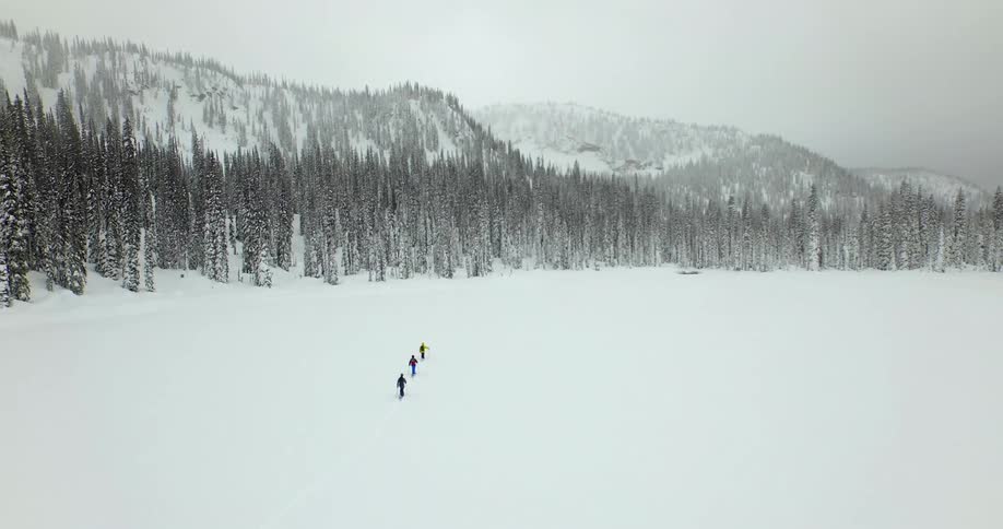 Aerial of three people moving towards snowy forested mountains