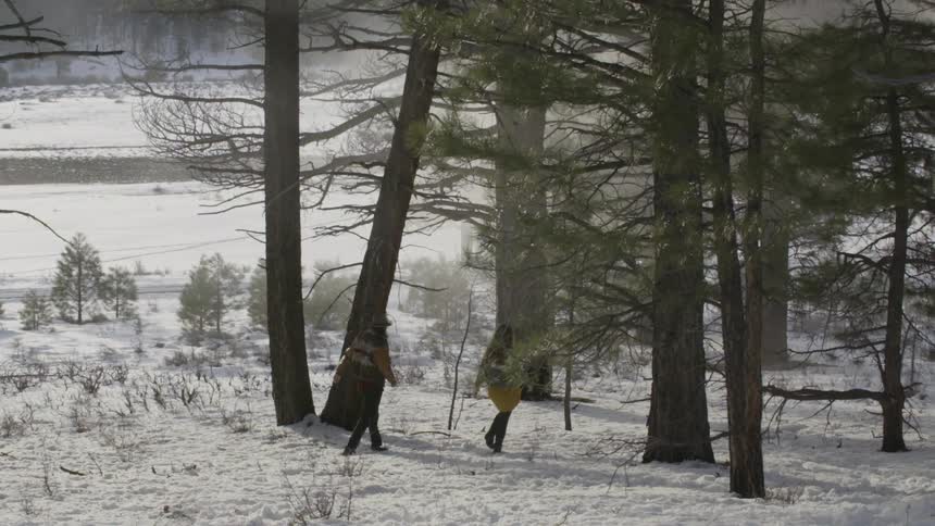 Man and woman walk through a snowy wooded area