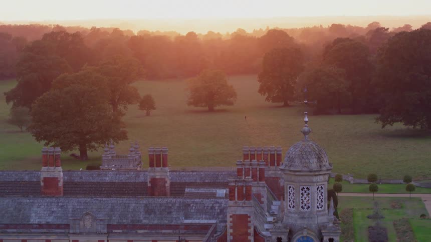 The forest field and garden behind a large estate just after sunrise