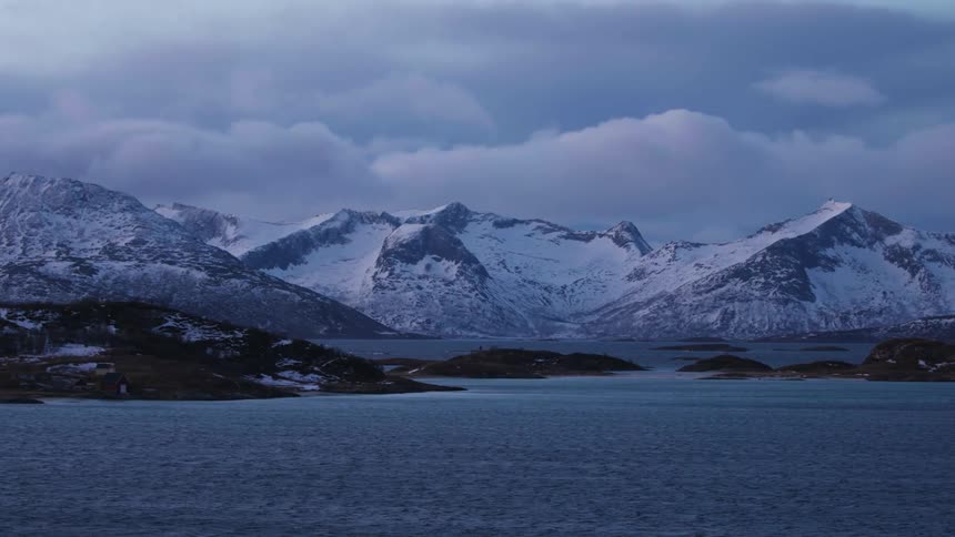 Snow capped mountain ranges next to the lake