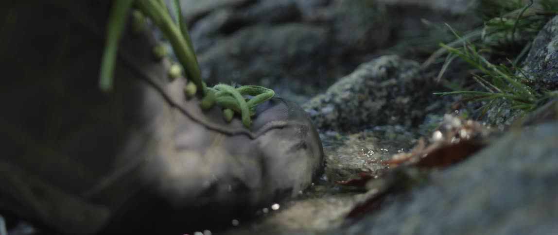 Close shot of a person's foot as the cross a shallow, rocky stream