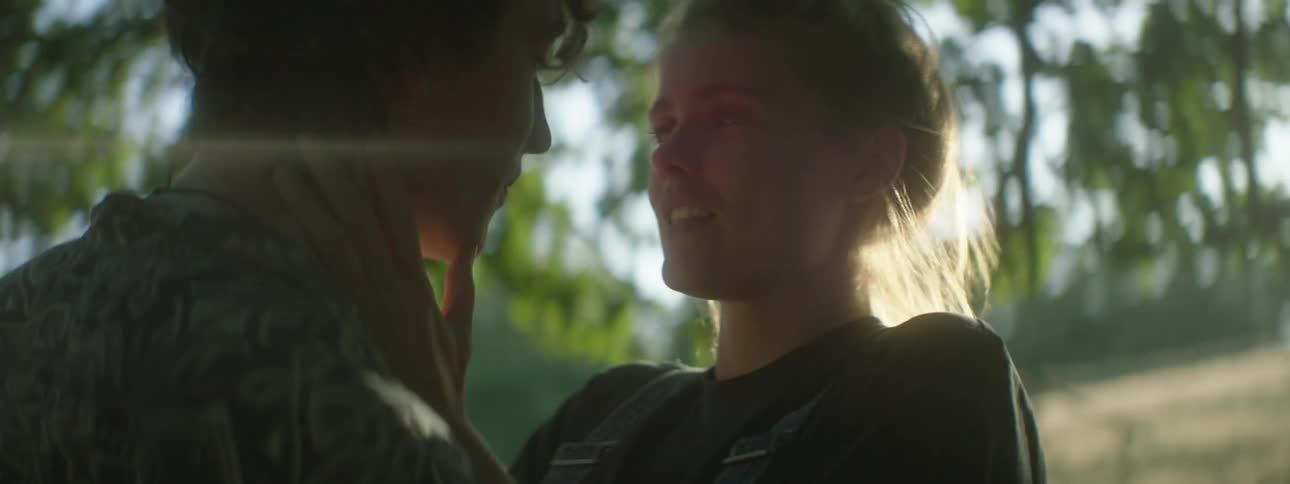 Couple stands under tree near field kissing