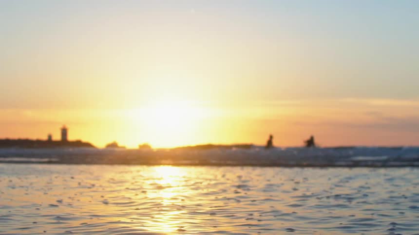 Surfers waiting to catch a wave in the ocean at sunset
