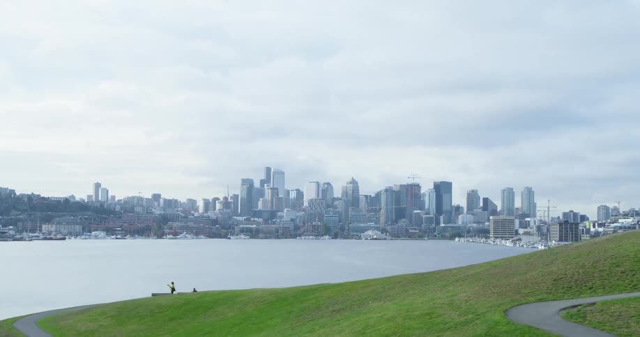 Aerial view of a waterfront city skyline hiding behind a green hill