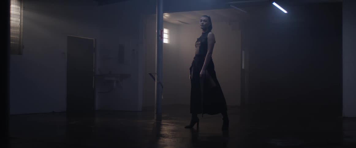A woman in a stylish black dress posing dramatically in a darkroom as the ceiling lights flicker on and off