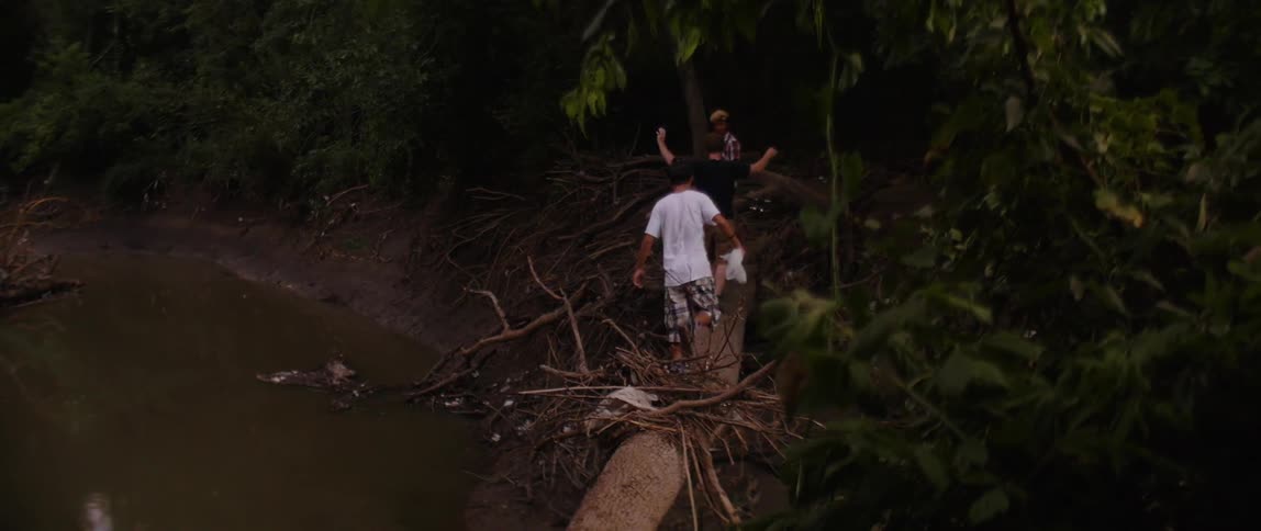 Three boys walk across a tree that has fallen over a creek