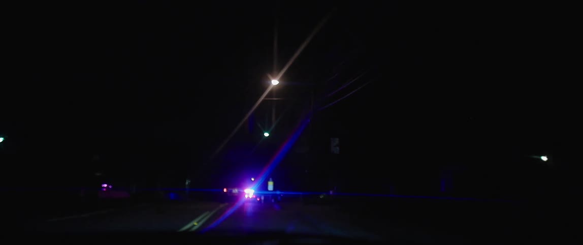 Police car sits with its lights flashing at night