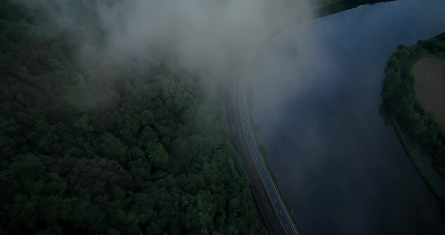A road runs between a forest and a river in a rural area