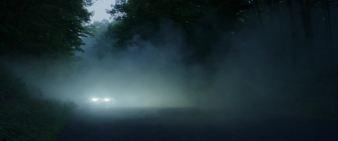 A white sports car speeding through a patch of fog