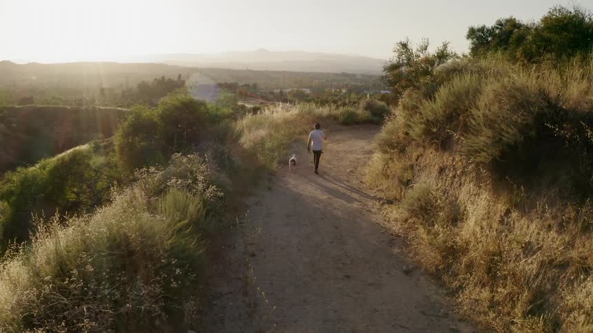 A man is walking outdoors with his dog