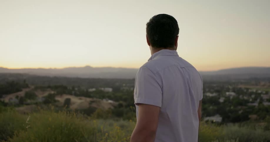 Man with beard and sunglasses stands and looks at horizon on a green hill at dusk