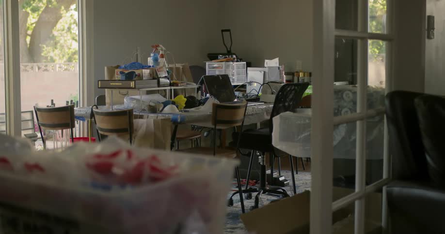 A room in a house filled with chairs a table a laptop and various clutter