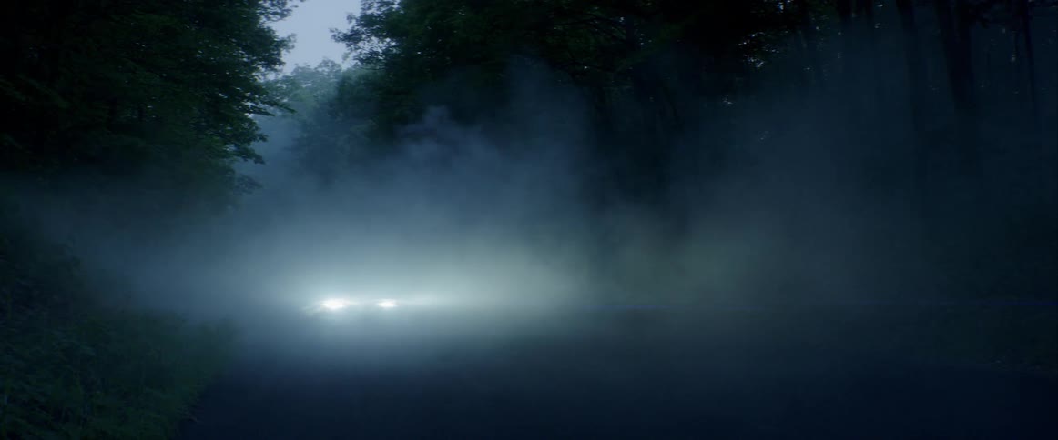 A sports car drives through fog in the woods