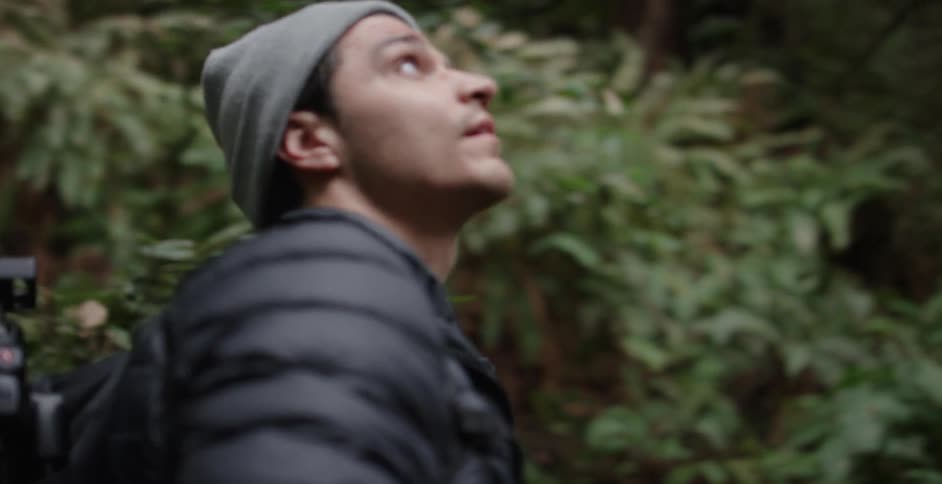 A young man takes pictures in a forest