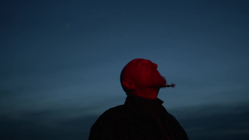 Silhouette of man with braided goatee looking up at the night sky