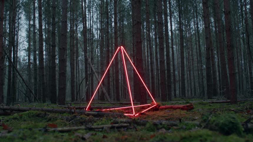 A large lit up neon triangle sits in a forest