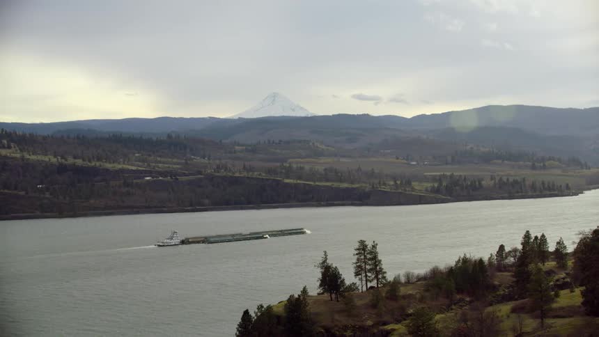 A barge transporting grain and goods down the Columbia river with Mount Hood in the background as seen from high above the river