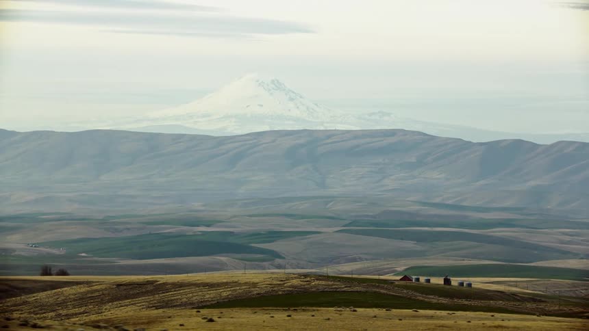 Mount Adams volcano high above a rural valley as a barb wire fence passes from the point of view of looking out the window of a moving car