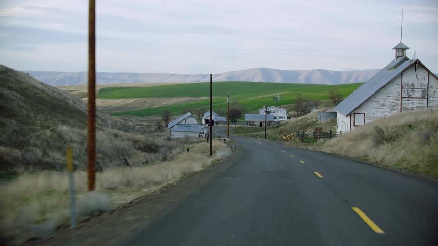 Looking out the back window of the farm truck at a rural road dotted with farm buildings on either side of the road and green grassy meadows in the background