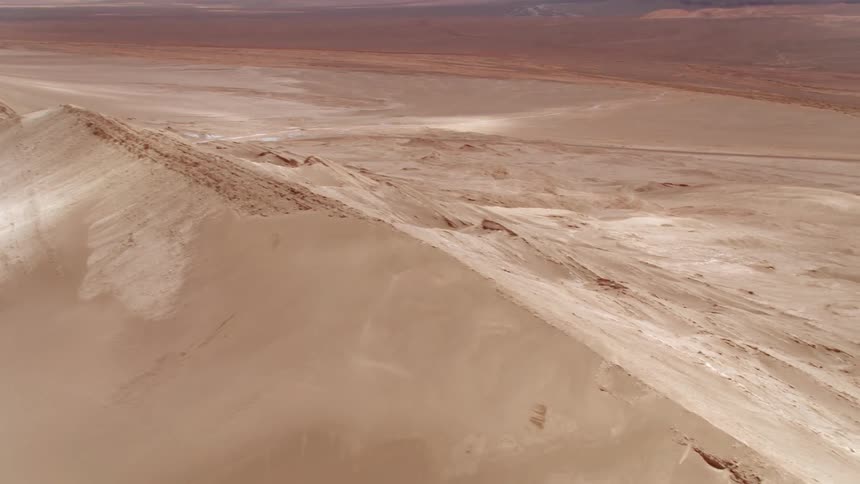 Large sand dunes in a desert near rocky mountains