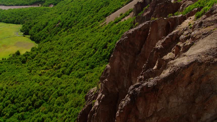 A brown stone mountain with thickly packed forest at its base